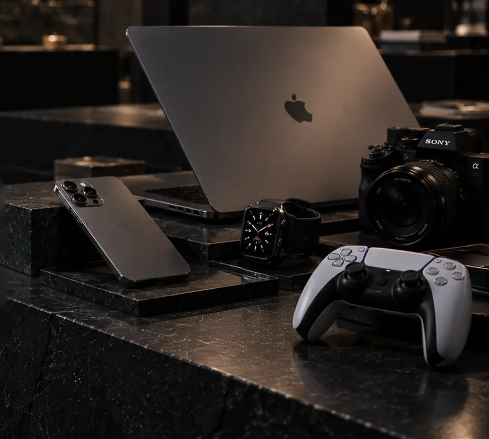 Laptop, telefon, smartwatch, cameră foto și controller pe tejgheaua de evaluare